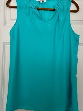 Rose & Olive Bright Turquoise Ruffle-Trim V-Neck Blouse